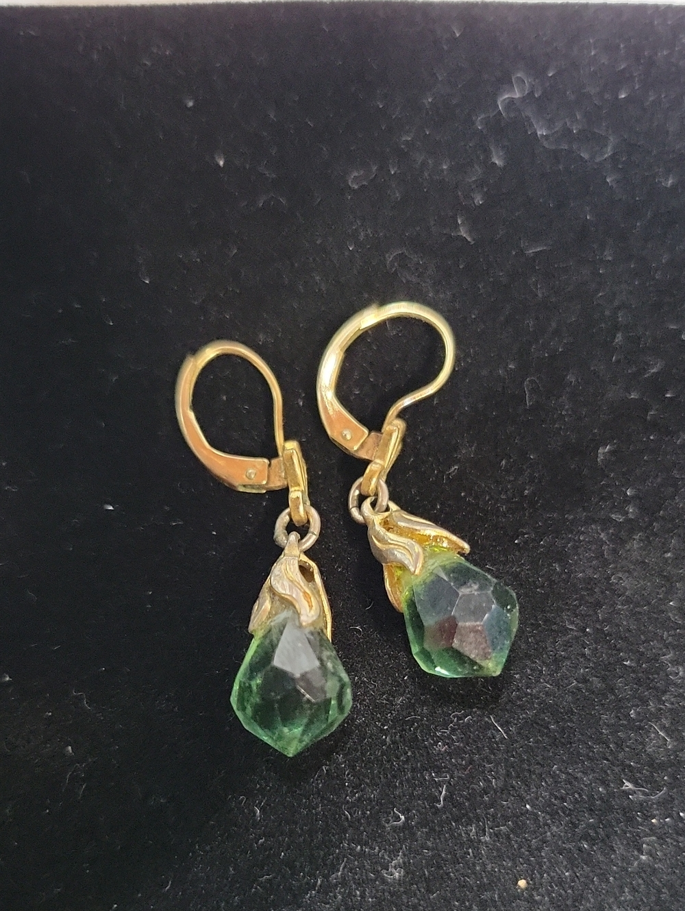 Gold Tone Drop Earrings with Green Crystal Teardrops